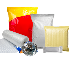 roll of bubble wrap, bubble mailer, empty chip bag, granola bar wrapper