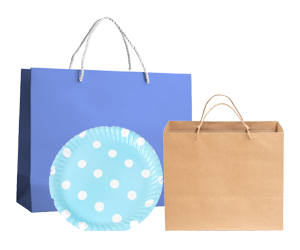 blue gift bag blue paper plate with white dots brown paper bag with handles