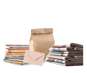 stacks of magazines and newspapers paper bag and an envelope